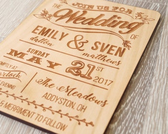 Wedding invitation, rustic wooden wedding invitation, real wood wedding invite, laser engraved invitation, your choice of wood, set of 10