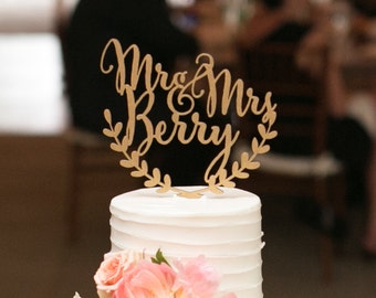 Custom wedding cake topper, personalized cake topper, rustic wedding cake topper, names cake topper, leaf design topper, gold cake topper