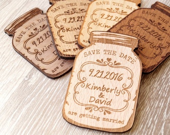 Wooden Save-the-Date magnets, personalized mason jar magnets, wooden save the date magnets, engraved magnets, rustic save the dates