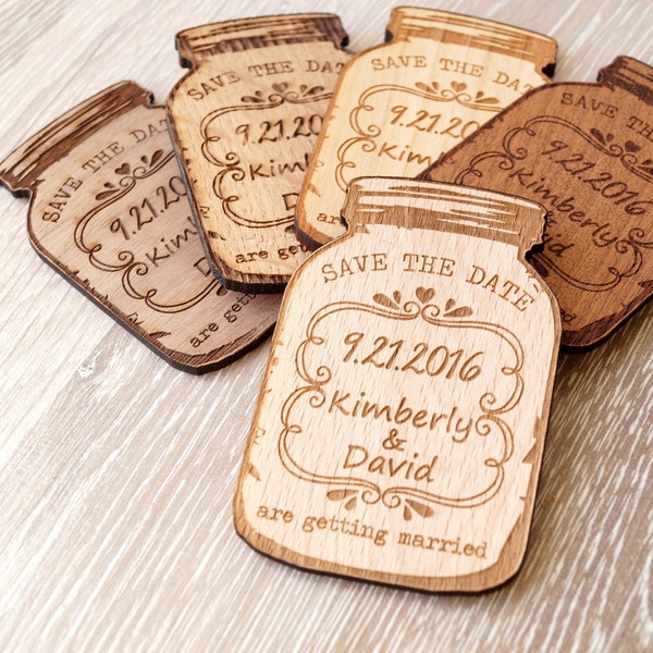 Wooden Save-the-Date magnets, personalized mason jar magnets, wooden save the date magnets, engraved magnets, rustic save the dates