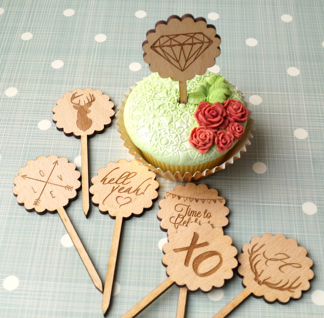 Wedding Cupcake Toppers, Rustic Cupcake Toppers, Wooden Cupcake Toppers