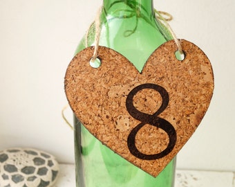 Wedding table numbers, cork table numbers, heart numbers, rustic table numbers, hanging hearts with numbers