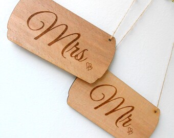 Rustic Wedding Chair Hangers Signs - Wooden MR & MRS Signs - Wooden Engraved Signs - Wedding Reception, Photo Props