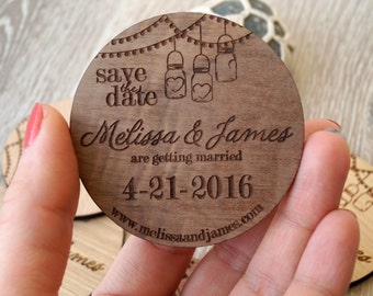 Wooden Save-the-Date magnets, mason jar design, wood save the date magnets, wooden magnets, engraved magnets, rustic save the dates