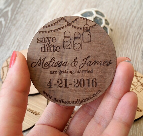 Wooden Save-the-Date magnets, mason jar design, wood save the date magnets, wooden magnets, engraved magnets, rustic save the dates