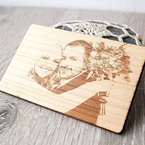 Echte fotogravure, houten portemonnee-inzetkaart, gepersonaliseerd 5-jarig jubileumcadeau, lasergegraveerde portemonnee-insert, dubbele zijdegravure