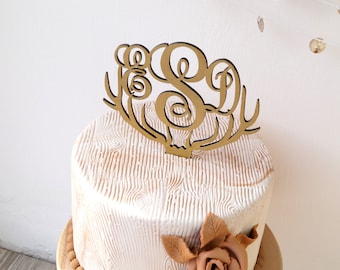 Monogram wedding cake topper, deer antler cake topper, rustic wedding cake topper, wooden antler cake topper