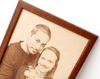 Engraved photograph on real leather, 3rd wedding anniversary gift idea, custom engraved framed picture, leather engraving, unique gift