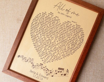 Leather engraved heart lyrics, 3rd wedding anniversary gift, personalized leather engraving