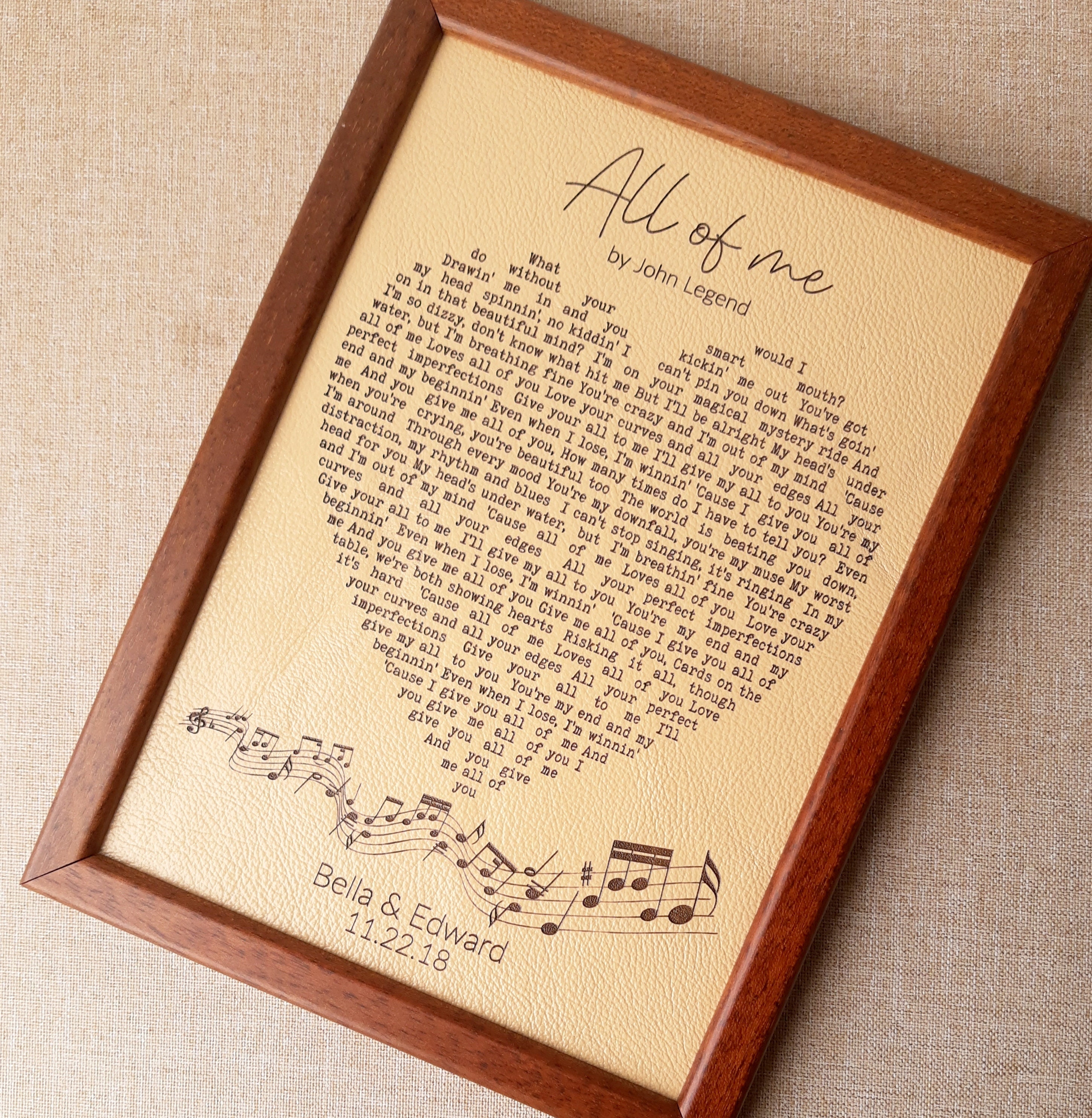 Leather engraved heart lyrics, 3rd wedding anniversary gift, personalized leather engraving