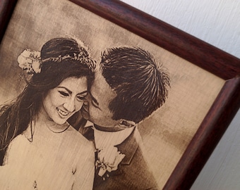 3rd wedding anniversary gift idea, custom engraved framed picture, leather engraving, unique gift.Engraved photograph on real leather,