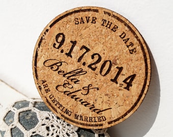 Rustic wedding save the dates, cork save the date cards, personalized laser engraved - Choose magnets or coasters