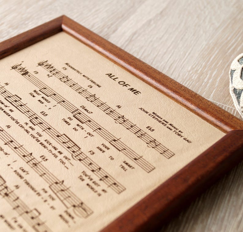 Leather engraved music sheet, personalized framed music notes, 3rd wedding anniversary gift, leather picture, custom engraving