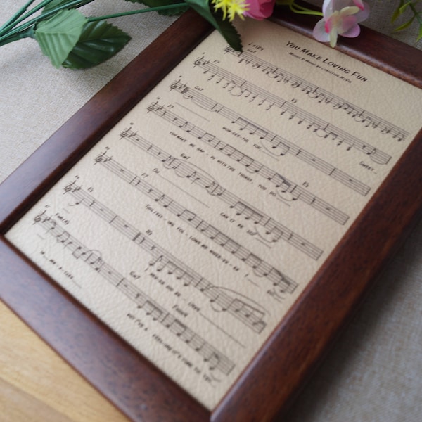 Leather engraved music sheet, personalized framed music notes, 3rd wedding anniversary gift, leather picture, custom engraving