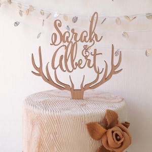 Wedding cake topper,  deer antler cake topper, rustic wedding cake topper, wooden antlers cake topper, custom cake topper,gold cake topper