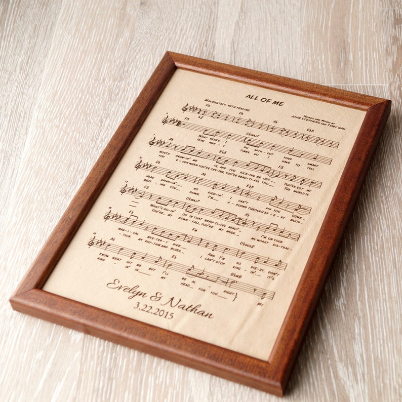 Leather engraved music sheet, personalized framed music notes, 3rd wedding anniversary gift, leather picture, custom engraving image 2