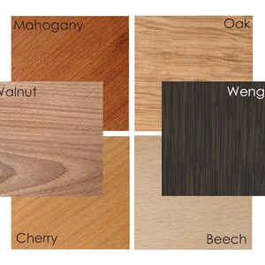 May include: A wood grain comparison chart showing different types of wood: Mahogany, Oak, Walnut, Wenge, Cherry, and Beech.