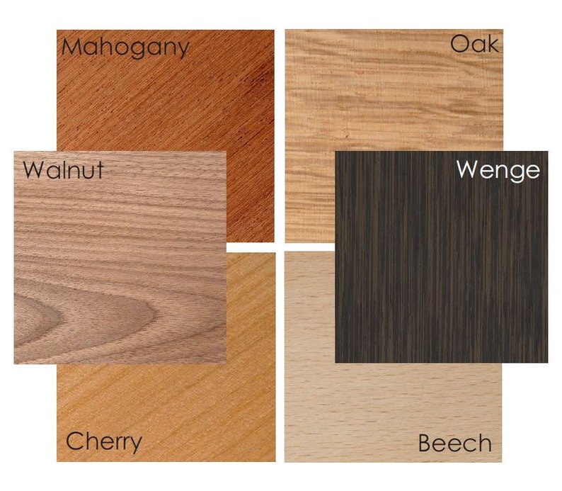 May include: A wood grain comparison chart showing different types of wood: Mahogany, Oak, Walnut, Wenge, Cherry, and Beech.