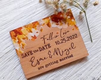 Save the dates met herfstontwerp, save-the-date-magneten, rustieke houten magneten, gepersonaliseerde herfstbruiloft bewaar deze datum