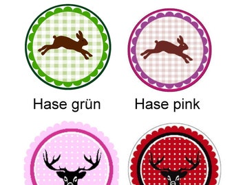 20 Aufkleber / Sticker MOTIV wählbar (Hase grün, Hase pink, Hirsch rosa, Hirsch rot)