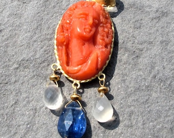 Coral pendant ''CAMEINO''- 06- Vintage Gold, coral, moonstone and kyanitye pendant- Minimal coral pendant - coral necklace