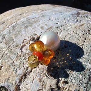 Gold pendant &#39;&#39;SOUTH SEAS&#39;&#39; - Freshwater white pearl pendant yellow citrine, fire opal- pearl and  stones- romantic pendant-