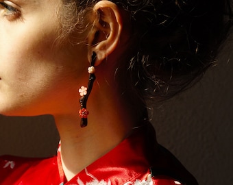 Coral and gold earrings ''HANAMI'' - red and pink coral earrings - yellow gold - Mediterranean coral - romantic earrings
