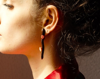 Coral and gold earrings ''HANAMI'' - red and pink coral earrings - yellow gold - Mediterranean coral - romantic earrings