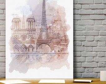 Paris Skyline Watercolor Poster Print - Architectural Drawings, Eiffel Tower Poster, Modern Line Drawing, Watercolor painting - Giclee Print