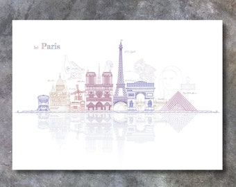 Paris Skyline Print - Modern Line Drawing, Paris Eiffel Tower, Notre Dame, Architect Gift - US