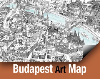 May include: A detailed black and white line art illustration of the city of Budapest, featuring architectural landmarks and the Danube River with light blue accents. The text Budapest Art Map is printed in white and black at the bottom.