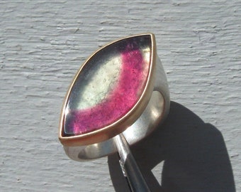 Watermelon tourmaline ring in 18k gold and sterling silver