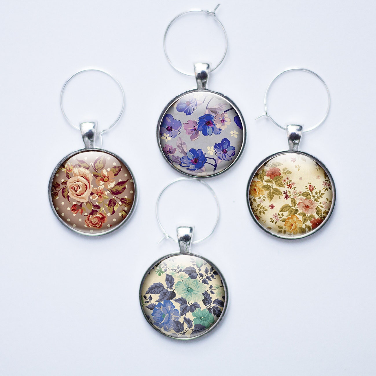 Wine charms Flower wine glass charms Vintage Floral Glass Etsy