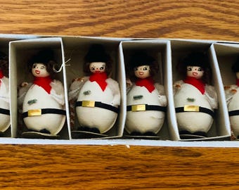 Six Vintage Christmas Snowgirls Snowmen holding Candy Canes Christmas Ornaments Made in Japan in Original Box