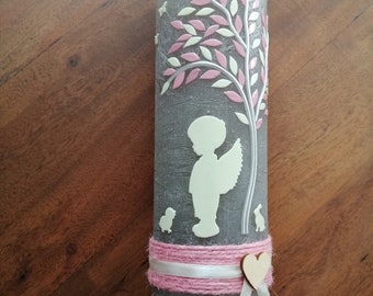 Candela battesimale bambina, RUSTICA, look VINTAGE, SHABBY, Rustico, Albero della vita, Angelo custode, Angelo