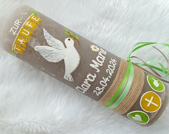 RUSTICA, Rustic, Baptism candle, Peace dove, Dove, Daisy flower, Girl, Boy, green - yellow, wax lettering, color requests possible