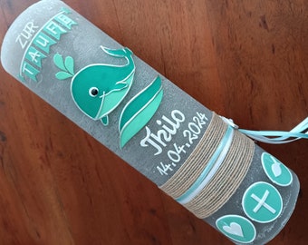 RUSTICA baptismal candle, whale, girl, boy, green, wax lettering, color preferences possible