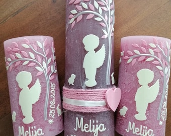 Candele per battesimo, Albero della vita, Angelo custode, Set, Candele per padrini, Rustico, Look vintage, Shabby chic, Ragazze, Ragazzi, Possibili richieste di colore