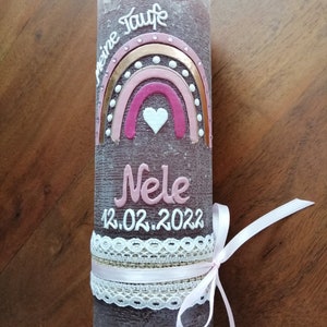 Baptismal candle Rustica vintage look shabby rustic, rainbow girl pink color requests also for boys including wax lettering