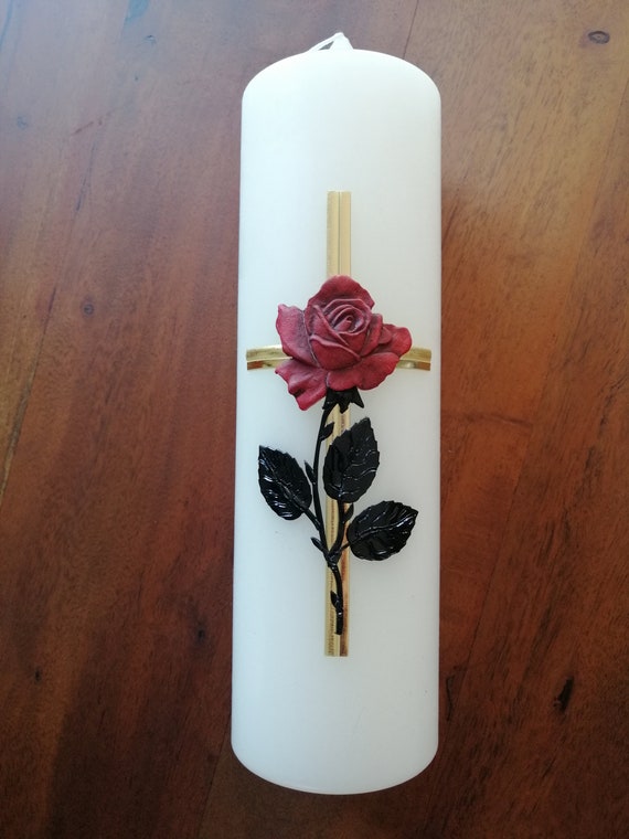 Bougie de deuil, bougie funéraire, croix, rose -  France