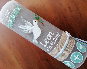 RUSTICA, VINTAGE look, SHABBY, rustic, baptismal candle, dove of peace, pigeon, girl, boy, green, wax lettering, color requests possible