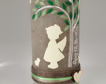 Candela battesimale, bambina, bambino, angelo custode, angelo, albero della vita, albero, grigio, verde, rustico, rustica, shabby, look vintage