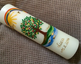 Baptismal candle 2024, tree of life, tree, apple tree, sun, rainbow, cross, including labels, color requests, special requests possible, no foil