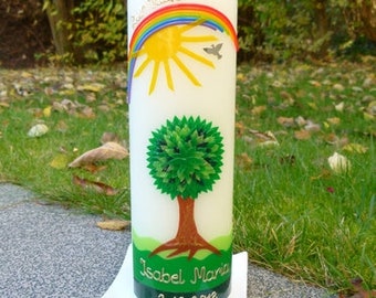 BAPTISM CANDLE Tree of life, tree, sun, rainbow, incl. lettering, wax decorations + handmade wax lettering, no foil, print