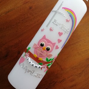 Vela bautismal BÚHO con arco iris, con cadena de letras, letras de cera hechas a mano como alternativa posible,