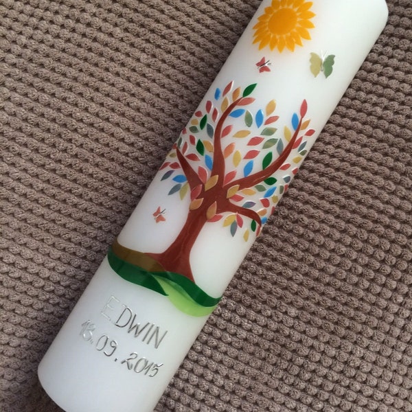 baptismal candle, tree of life, tree, girl, boy, candle, baptism, handmade, no foil, incl. wax label, sun, catholic, evangelical