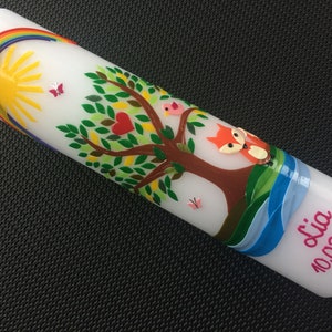 Baptismal candle tree of life fox, baptismal candle girl, baptismal candle boy, baptismal candle tree of life, baptismal candle fox, sun, rainbow, heart, tree