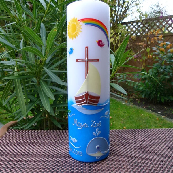 Baptismal candle - boat - ark - whale - fish - girl - candle - baptism - handmade - no foil - incl. wax label