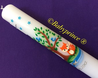 May include: White baptism candle with a painted fox, tree, and birds. The candle has blue stars and the date "10.2017" written on it.