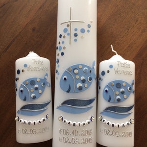 Juego de vela bautismal con forma de pez burbuja, adornos de cera y cuentas con letras: ¡es posible escribir letras en cera hechas a mano sin coste adicional!